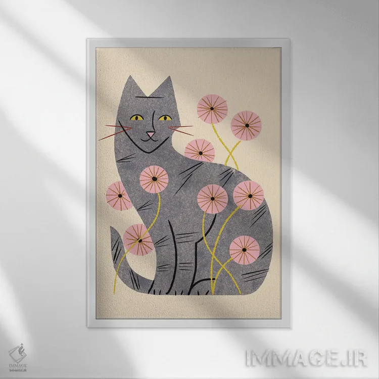 تابلو مدرن گربه راه راه و گل های وحشی اثر رنیا ال. تول - نمای قابدار سفید