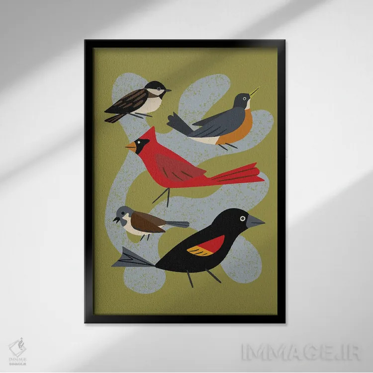 تابلو مینیمال پنج پرنده اثر رنیا ال. تول - نمای قابدار مشکی