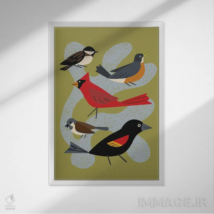 تابلو مینیمال پنج پرنده اثر رنیا ال. تول - نمای قابدار سفید
