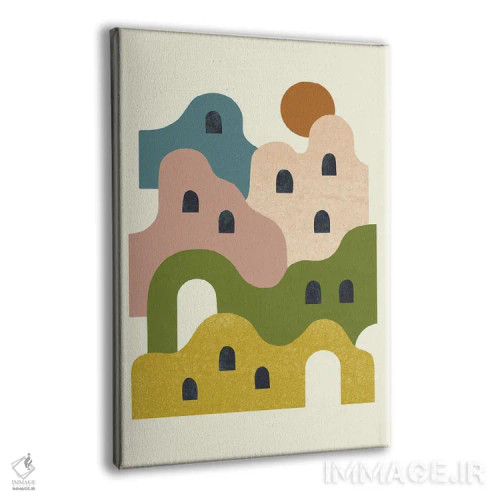 تابلو مینیمال روستای گلی هنگام غروب اثر رنیا ال. تول - نمای پرسپکتیو محصول