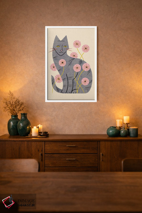 تابلو مدرن گربه راه راه و گل های وحشی اثر رنیا ال. تول - D1W
