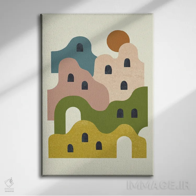 تابلو مینیمال روستای گلی هنگام غروب اثر رنیا ال. تول - نمای روبهرو روی دیوار