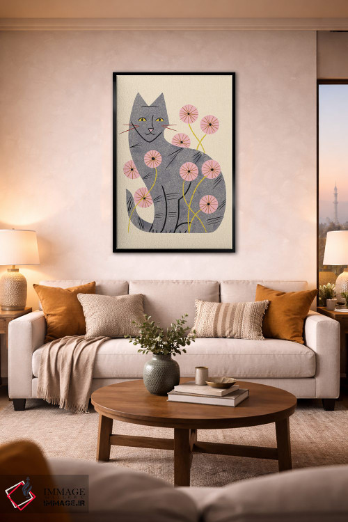 تابلو مدرن گربه راه راه و گل های وحشی اثر رنیا ال. تول - D2B