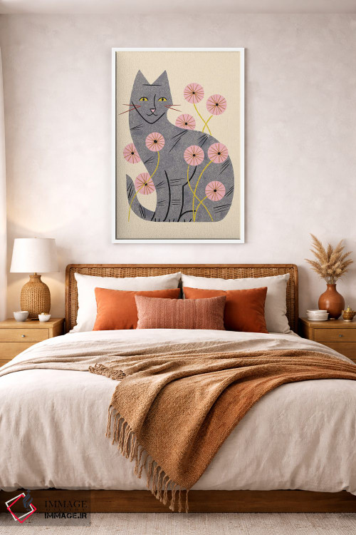 تابلو مدرن گربه راه راه و گل های وحشی اثر رنیا ال. تول - D3W