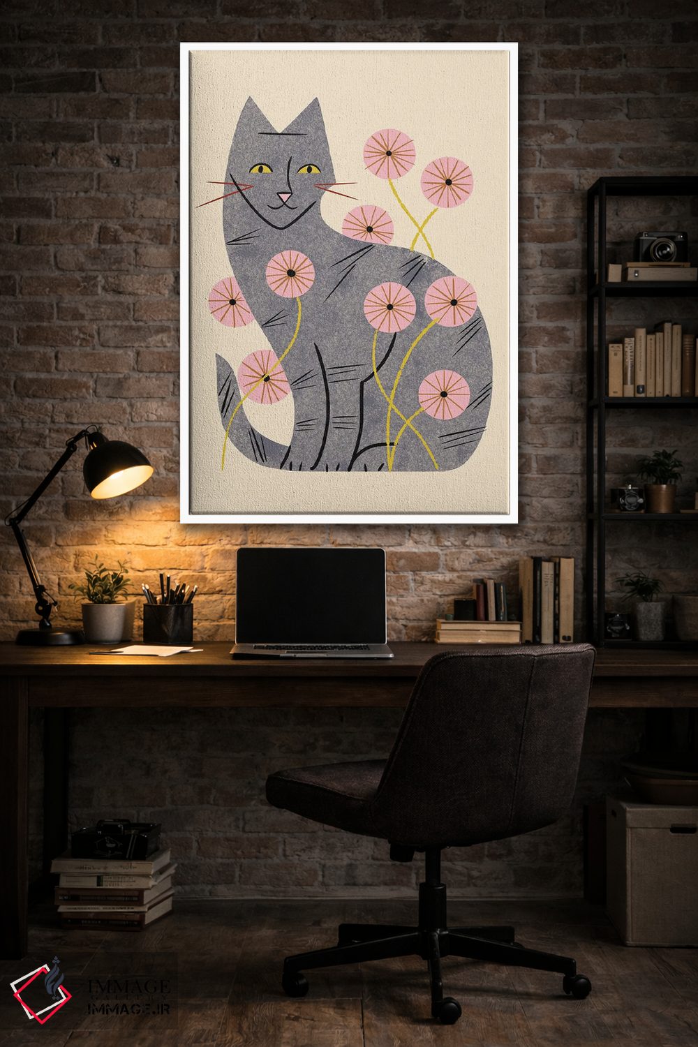 تابلو مدرن گربه راه راه و گل های وحشی اثر رنیا ال. تول - D4W