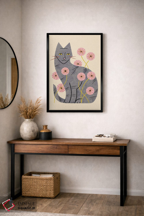 تابلو مدرن گربه راه راه و گل های وحشی اثر رنیا ال. تول - D5B