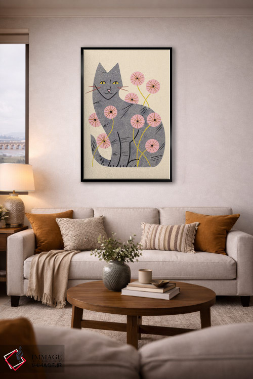 تابلو مدرن گربه راه راه و گل های وحشی اثر رنیا ال. تول - D6B
