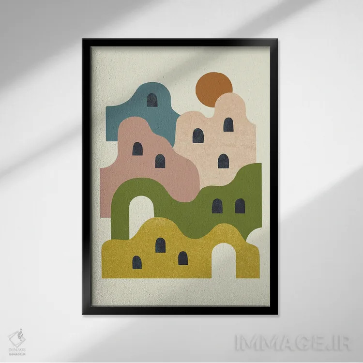 تابلو مینیمال روستای گلی هنگام غروب اثر رنیا ال. تول - نمای قابدار مشکی