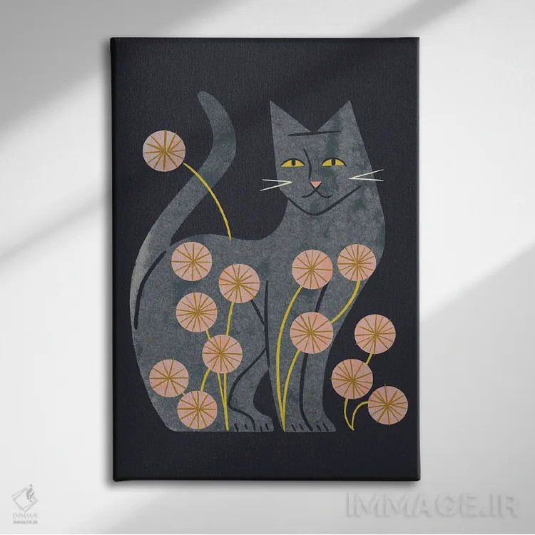 تابلو مدرن گربه خاکستری و گل ها اثر رنیا ال. تول - نمای روبهرو روی دیوار