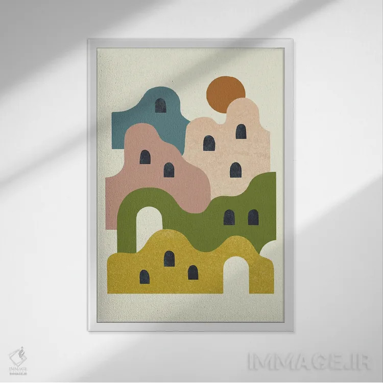 تابلو مینیمال روستای گلی هنگام غروب اثر رنیا ال. تول - نمای قابدار سفید