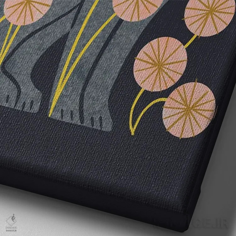 تابلو مدرن گربه خاکستری و گل ها اثر رنیا ال. تول - نمای نزدیک بافت بوم