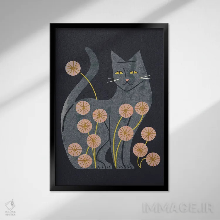 تابلو مدرن گربه خاکستری و گل ها اثر رنیا ال. تول - نمای قابدار مشکی