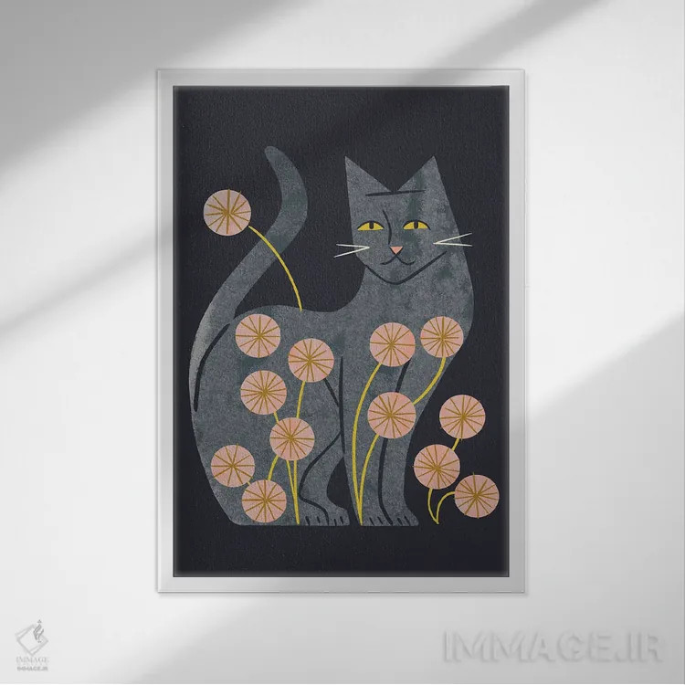 تابلو مدرن گربه خاکستری و گل ها اثر رنیا ال. تول - نمای قابدار سفید