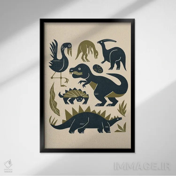 تابلو مدرن دوستان ژوراسیک اثر رنیا ال. تول - نمای قابدار مشکی