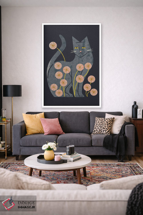تابلو مدرن گربه خاکستری و گل ها اثر رنیا ال. تول - D1W