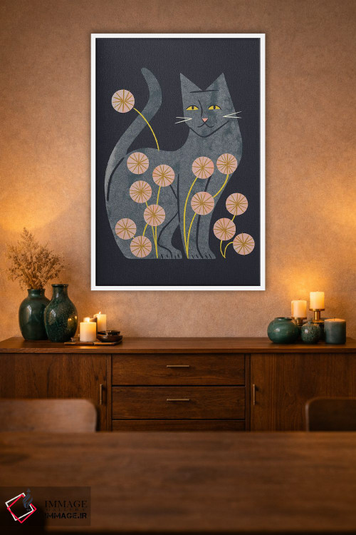 تابلو مدرن گربه خاکستری و گل ها اثر رنیا ال. تول - D2W