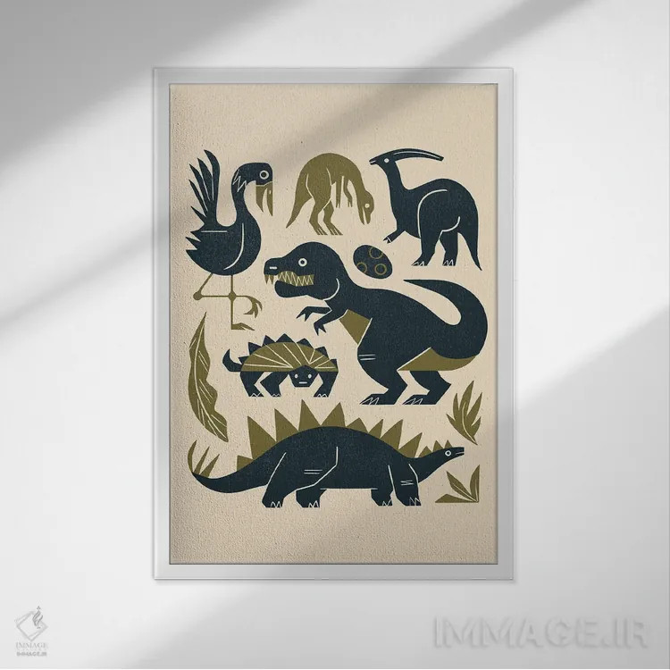 تابلو مدرن دوستان ژوراسیک اثر رنیا ال. تول - نمای قابدار سفید