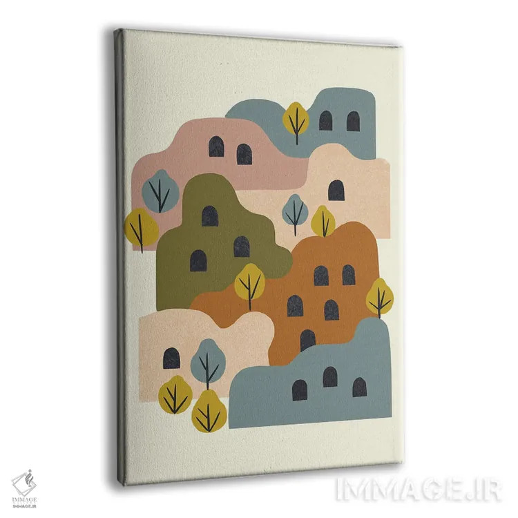تابلو مینیمال روستای گلی با درختان اثر رنیا ال. تول - نمای پرسپکتیو محصول