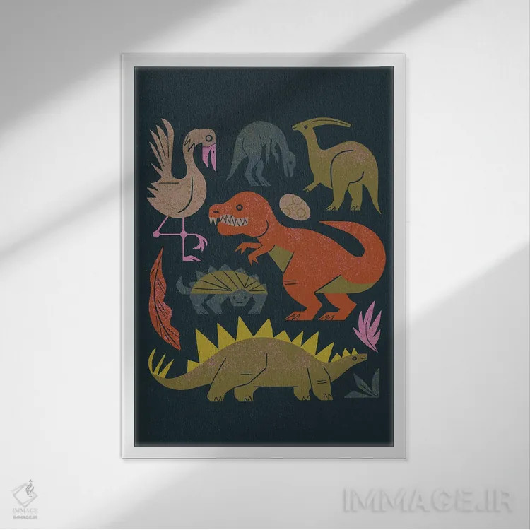 تابلو مدرن دوستان ژوراسیک اثر رنیا ال. تول - نمای قابدار سفید