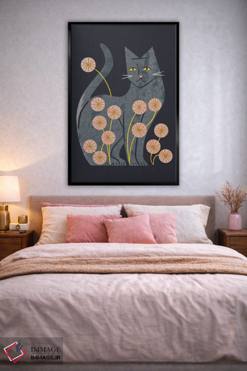 تابلو مدرن گربه خاکستری و گل ها اثر رنیا ال. تول - D3B