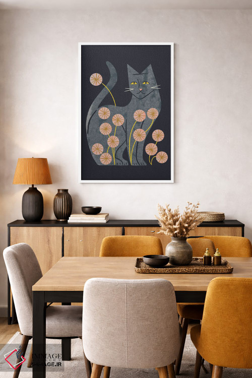 تابلو مدرن گربه خاکستری و گل ها اثر رنیا ال. تول - D4W