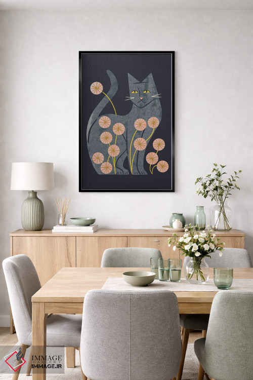 تابلو مدرن گربه خاکستری و گل ها اثر رنیا ال. تول - D5B