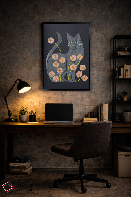 تابلو مدرن گربه خاکستری و گل ها اثر رنیا ال. تول - D6B