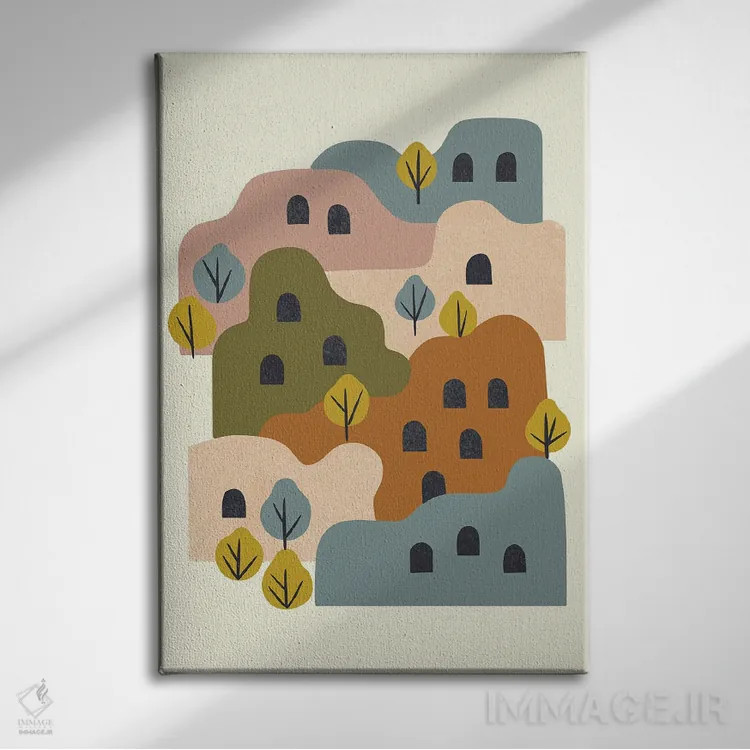 تابلو مینیمال روستای گلی با درختان اثر رنیا ال. تول - نمای روبهرو روی دیوار