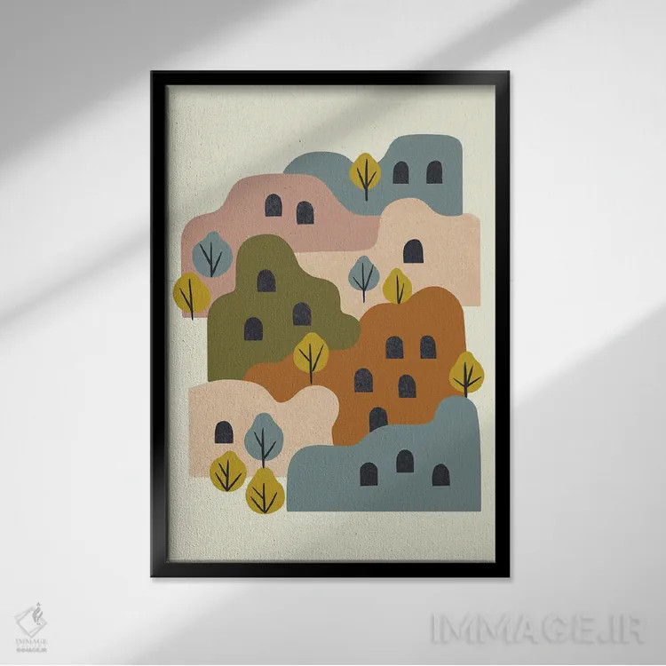 تابلو مینیمال روستای گلی با درختان اثر رنیا ال. تول - نمای قابدار مشکی