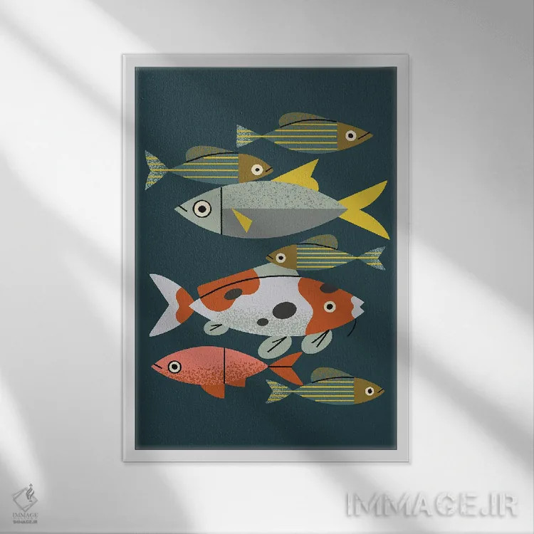 تابلو مینیمال ماهی های برکه اثر رنیا ال. تول - نمای قابدار سفید