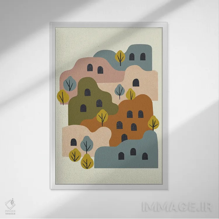 تابلو مینیمال روستای گلی با درختان اثر رنیا ال. تول - نمای قابدار سفید