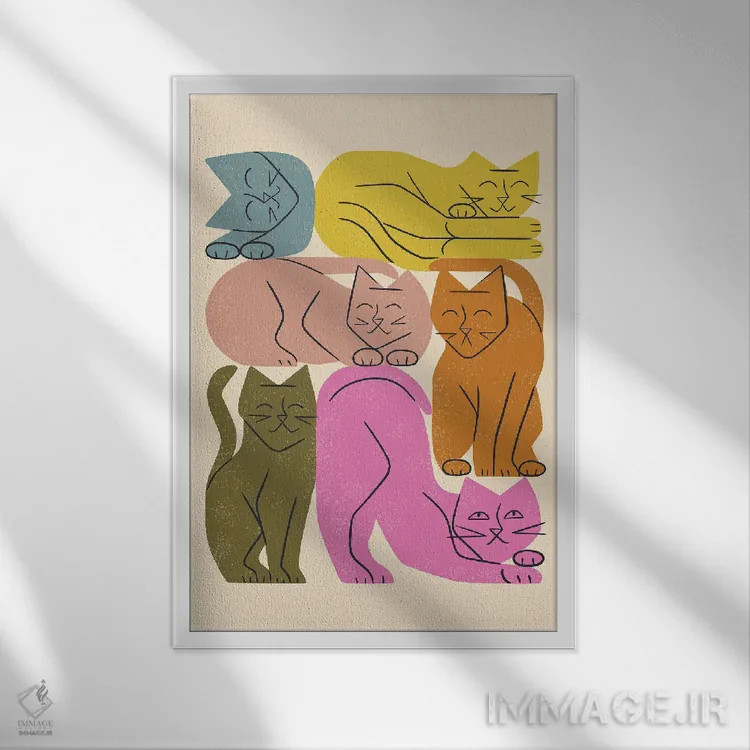 تابلو مینیمال دسته گربه ها یک اثر رنیا ال. تول - نمای قابدار سفید