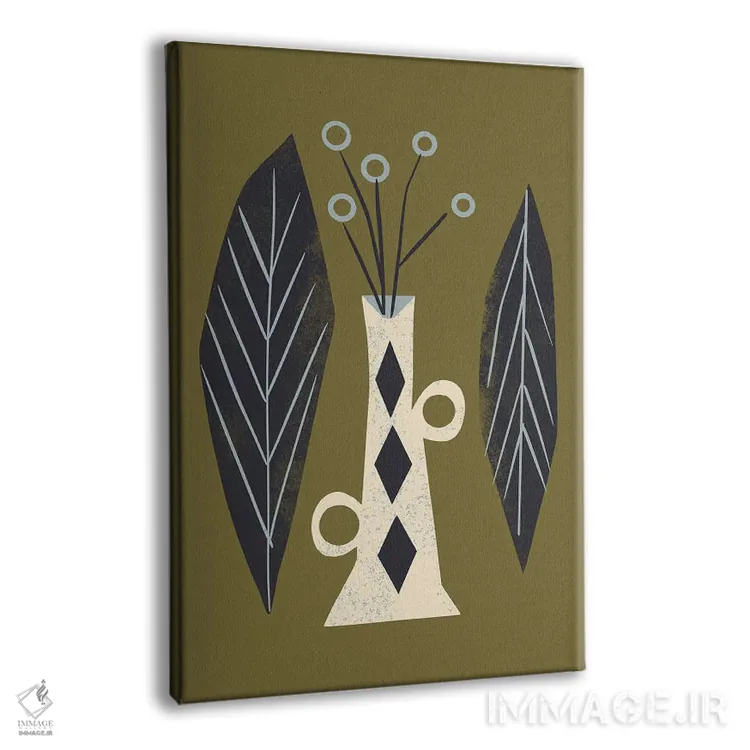 تابلو مینیمال گلدان و برگ ها اثر رنیا ال. تول - نمای پرسپکتیو محصول