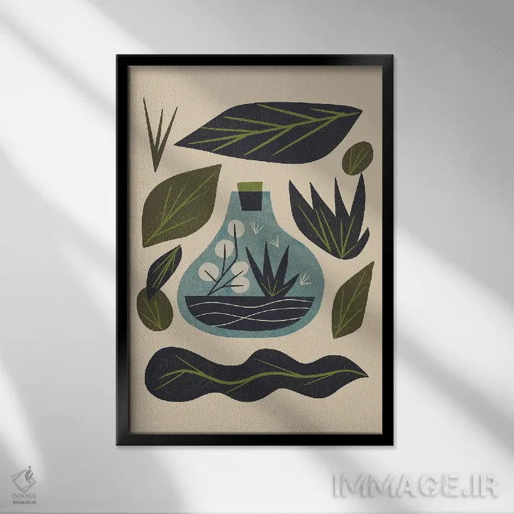 تابلو مینیمال تراریوم و برگ ها اثر رنیا ال. تول - نمای قابدار مشکی