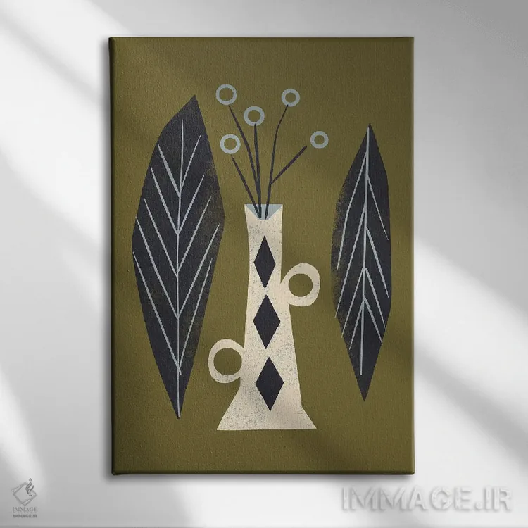 تابلو مینیمال گلدان و برگ ها اثر رنیا ال. تول - نمای روبهرو روی دیوار