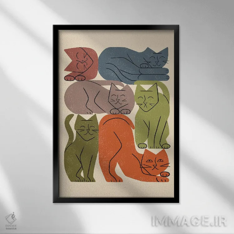 تابلو مینیمال دسته گربه ها یک اثر رنیا ال. تول - نمای قابدار مشکی