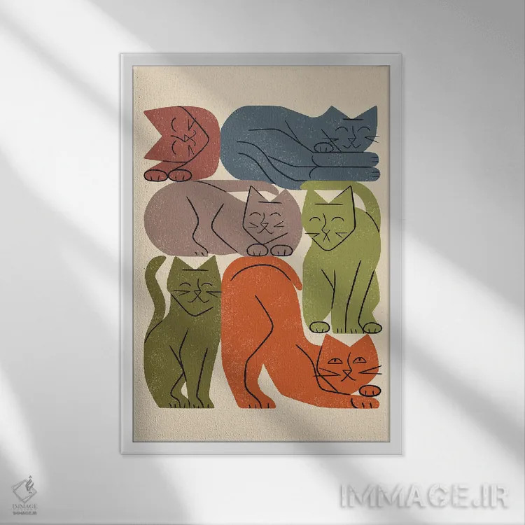 تابلو مینیمال دسته گربه ها یک اثر رنیا ال. تول - نمای قابدار سفید