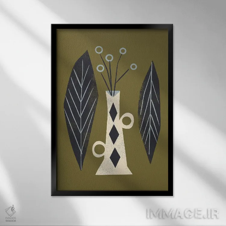 تابلو مینیمال گلدان و برگ ها اثر رنیا ال. تول - نمای قابدار مشکی