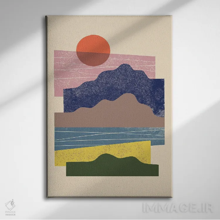 تابلو مینیمال منظره با تکه های رنگی اثر رنیا ال. تول - نمای روبهرو روی دیوار