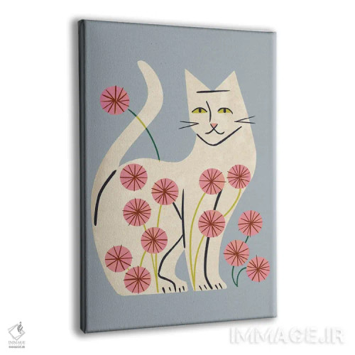تابلو مینیمال گربه سفید و گل ها اثر رنیا ال. تول - نمای پرسپکتیو محصول