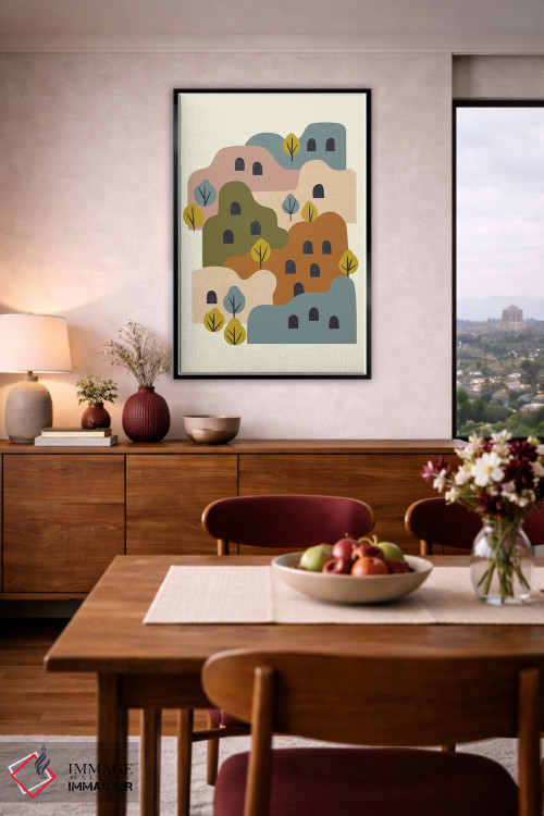 تابلو مینیمال روستای گلی با درختان اثر رنیا ال. تول - D3B