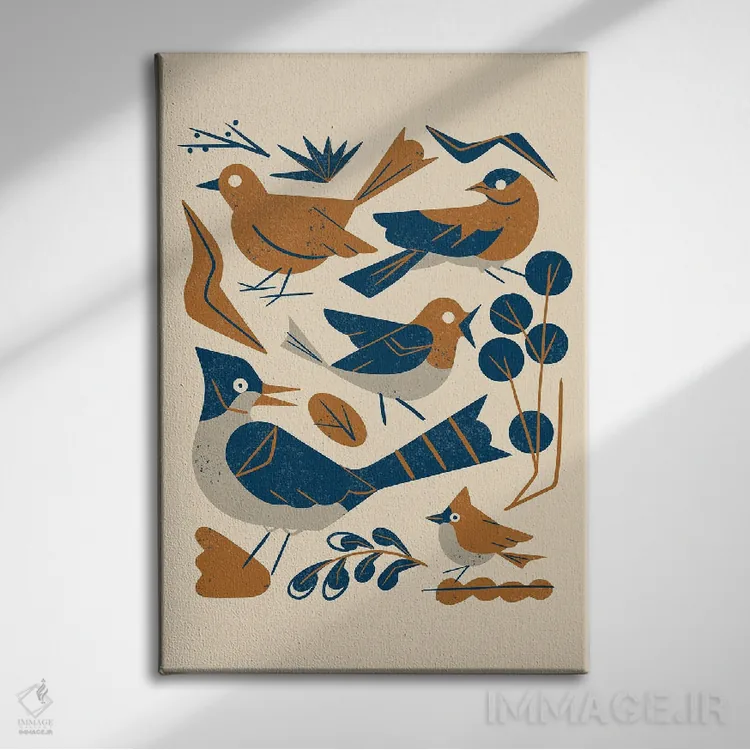تابلو مینیمال مرغان آوازخوان جنگل اثر رنیا ال. تول - نمای روبهرو روی دیوار