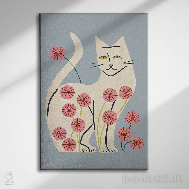 تابلو مینیمال گربه سفید و گل ها اثر رنیا ال. تول - نمای روبهرو روی دیوار