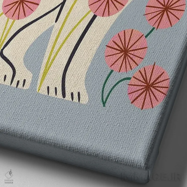 تابلو مینیمال گربه سفید و گل ها اثر رنیا ال. تول - نمای نزدیک بافت بوم