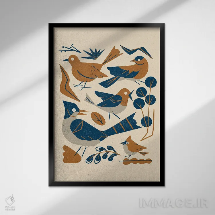 تابلو مینیمال مرغان آوازخوان جنگل اثر رنیا ال. تول - نمای قابدار مشکی