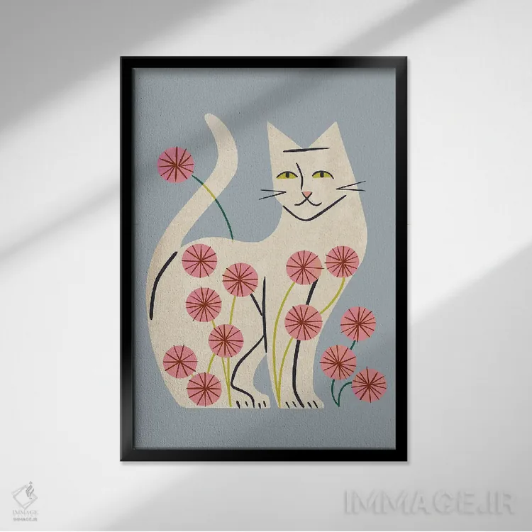 تابلو مینیمال گربه سفید و گل ها اثر رنیا ال. تول - نمای قابدار مشکی