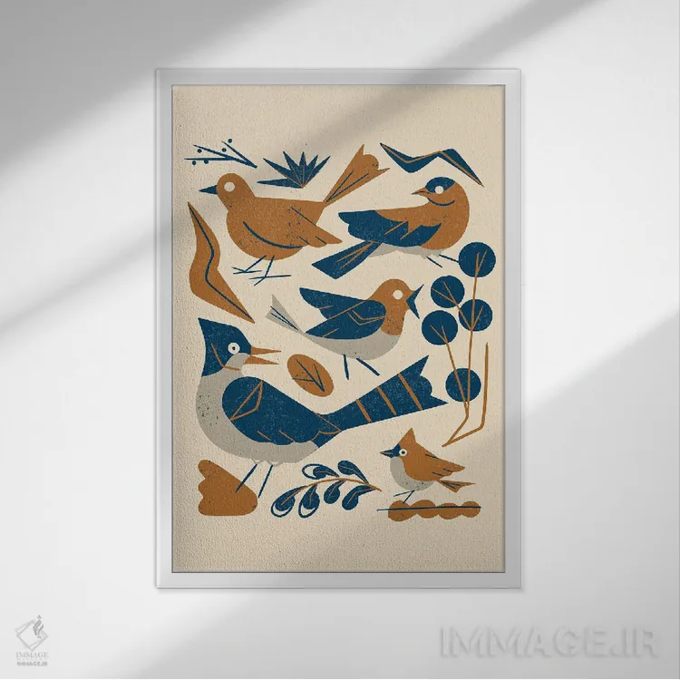 تابلو مینیمال مرغان آوازخوان جنگل اثر رنیا ال. تول - نمای قابدار سفید