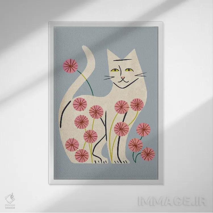 تابلو مینیمال گربه سفید و گل ها اثر رنیا ال. تول - نمای قابدار سفید