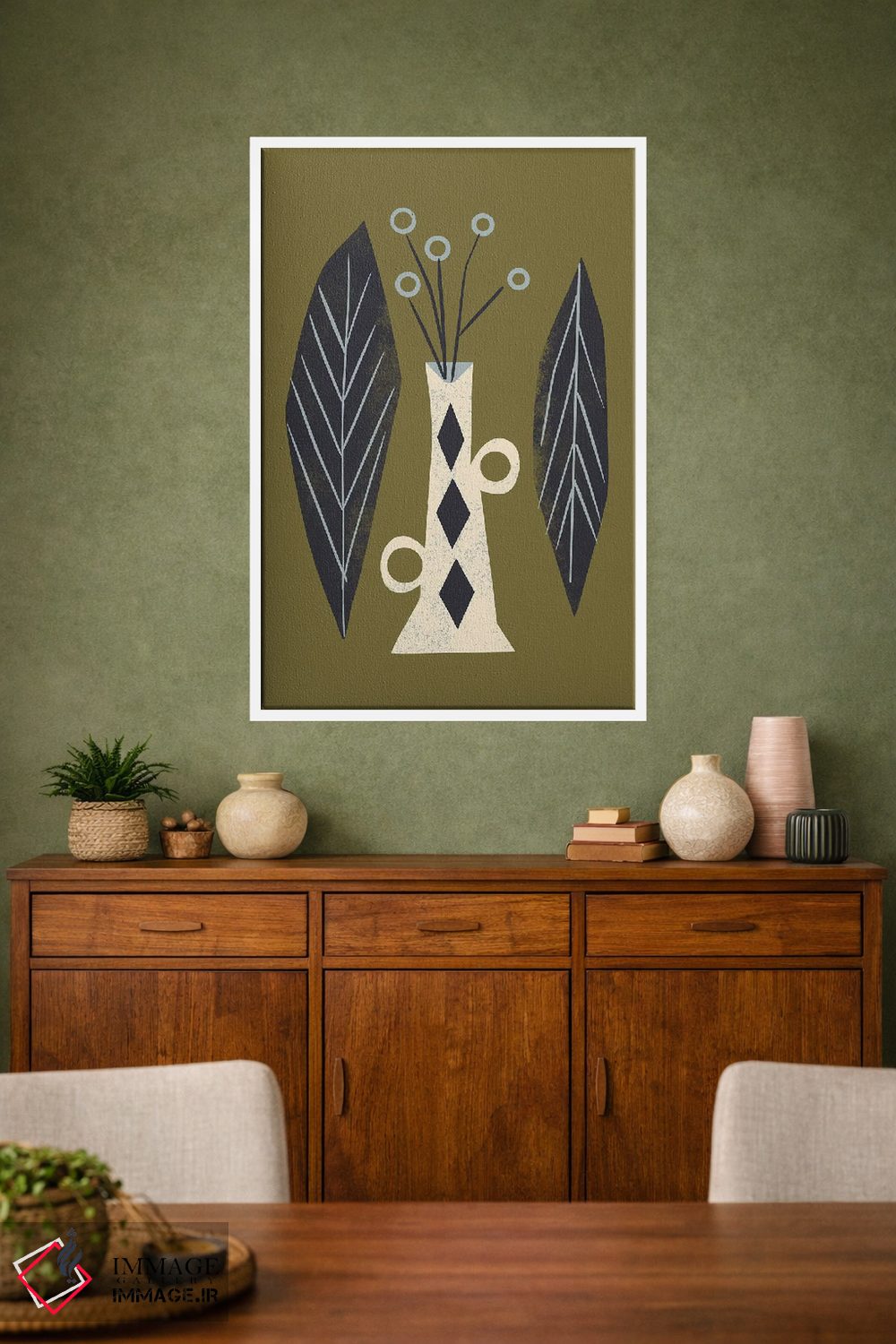 تابلو مینیمال گلدان و برگ ها اثر رنیا ال. تول - D1W