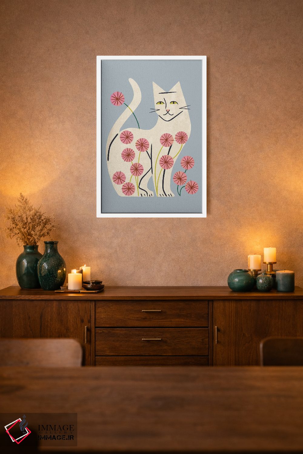 تابلو مینیمال گربه سفید و گل ها اثر رنیا ال. تول - D1W